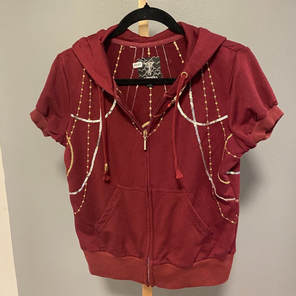 Tandera Embellished Deep Burgundy Short-Sleeve Hoodie - Size L